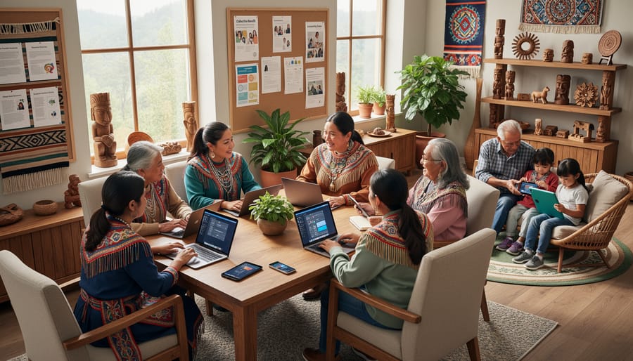 Indigenous elder and youth working together on digital technology with traditional cultural items in background