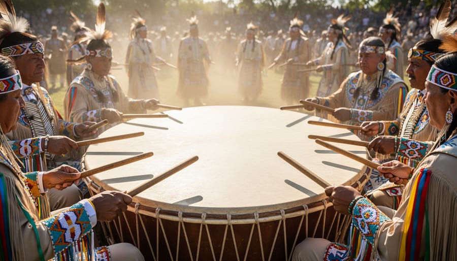 Close-up of Native American drum group with hands holding beaded drumsticks around ceremonial drum