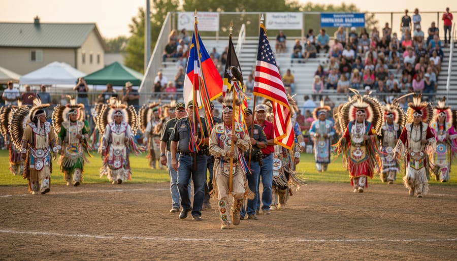 Grand Entry procession at pow wow with veterans carrying flags and eagle staff leading dancers in traditional regalia