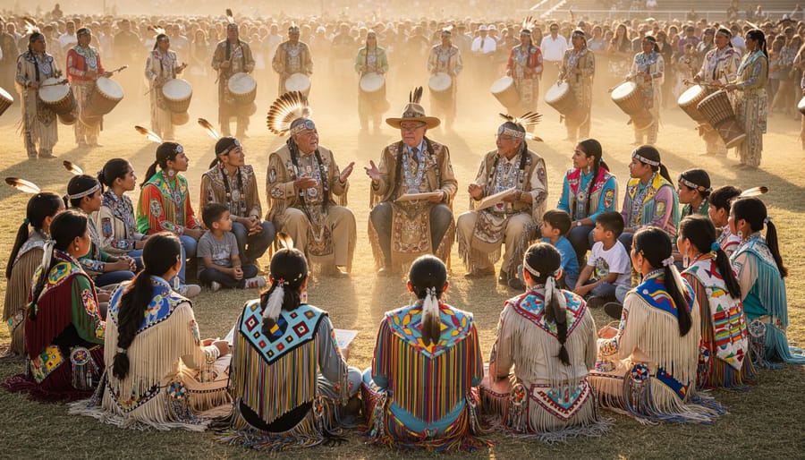 Native American elder and child at pow wow sharing cultural knowledge and traditional regalia