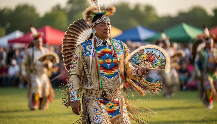 Detailed view of traditional Native American pow wow regalia showing intricate beadwork, feathers, and ceremonial ornaments