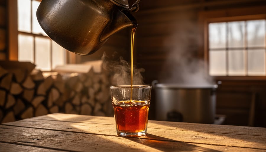 Close-up of amber maple syrup being poured from a kettle into a glass container inside a rustic sugar shack.
