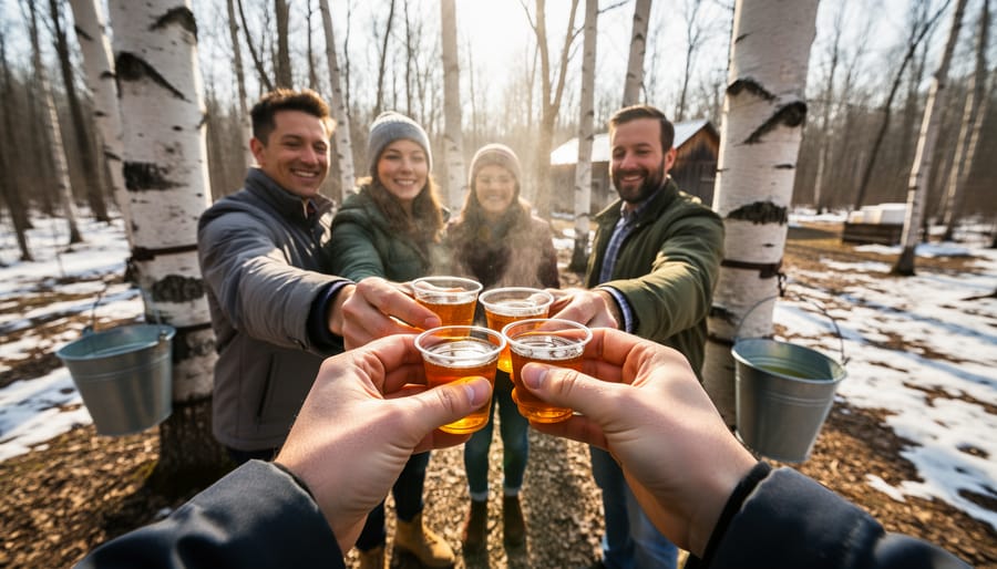 Group of people tasting maple syrup outdoors near birch trees, with warm cups held in hand.