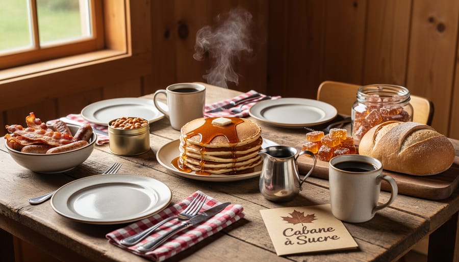 Rustic sugar shack table with jars and bowls of maple syrup under warm indoor light.