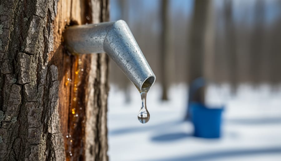 Close-up of sap beading on a metal maple tap on a tree branch with a softly blurred forest background.
