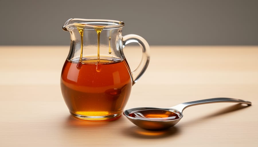 Still life of maple syrup bottle and spoon on slate with glossy amber reflections.