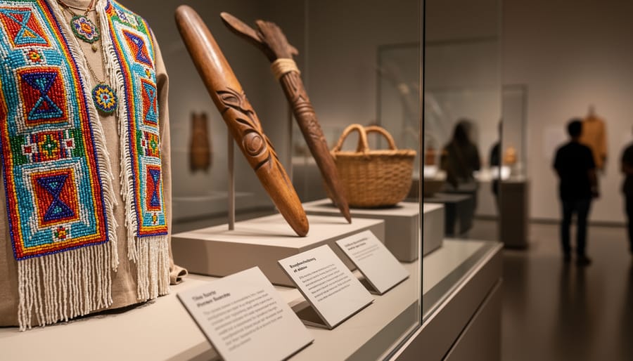 Curated Indigenous textiles and beadwork displayed inside a museum exhibit