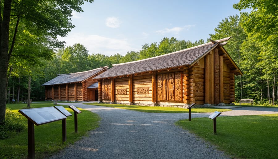 Exterior of the Huron-Wendat Museum with a traditional Wendat longhouse in view
