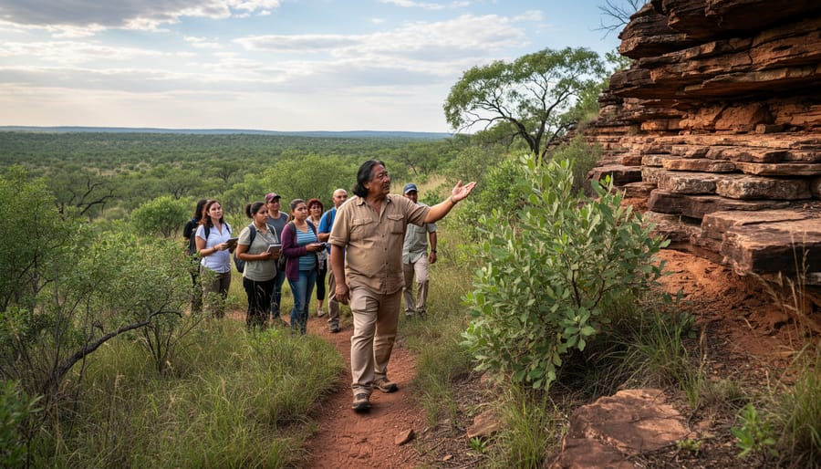 Indigenous guide leading a small group during an outdoor cultural walking experience