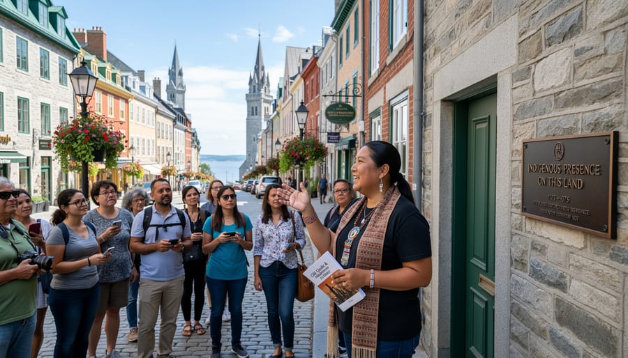 Indigenous-guided walking group on Old Quebec cobblestone street near historic stone buildings