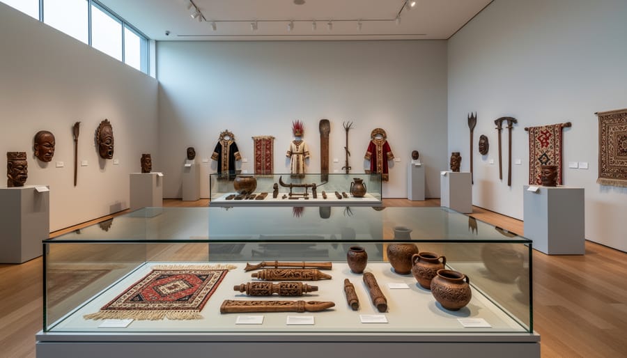 Indigenous museum exhibit interior with handcrafted textiles and carved objects on display