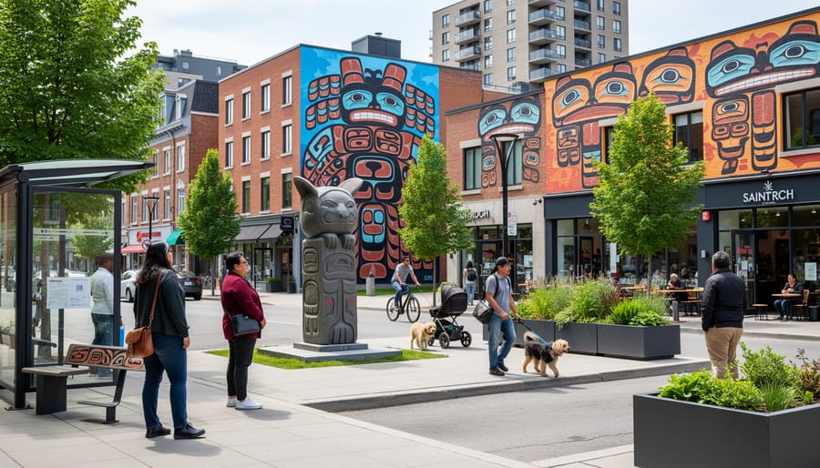 Person viewing a colorful Indigenous-style mural on a Saint-Roch street wall
