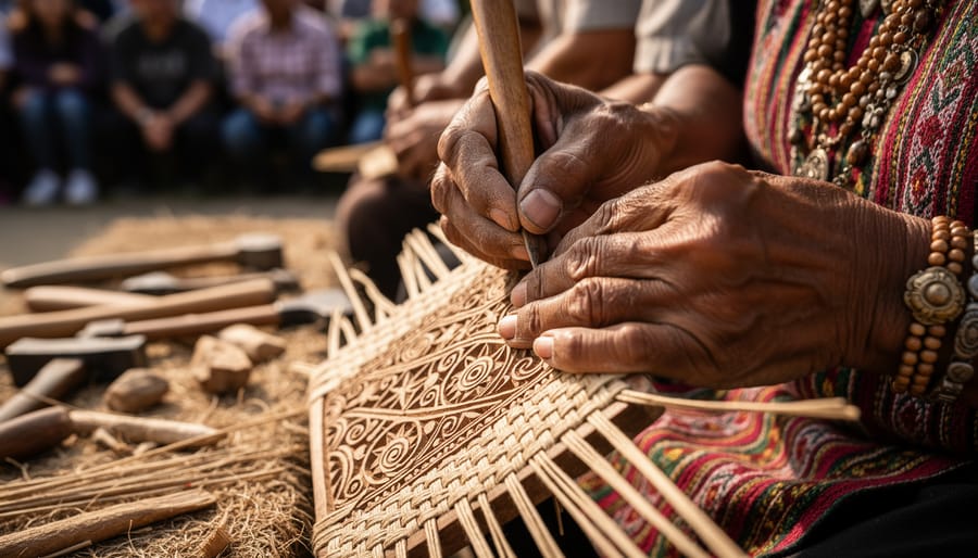 Artist’s hands beadwork and natural fiber craft on a museum table during a demonstration