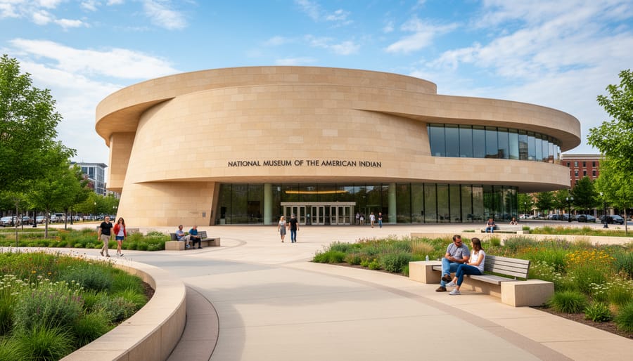Exterior of the National Museum of the American Indian with surrounding trees and walkway
