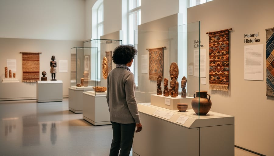 Museum visitor looking at an indigenous textile or regalia display in the gallery