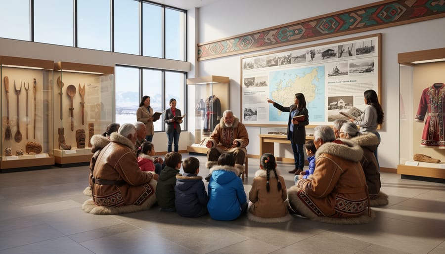 People attending an Inuit cultural center session with traditional clothing and carved tools displayed behind glass.