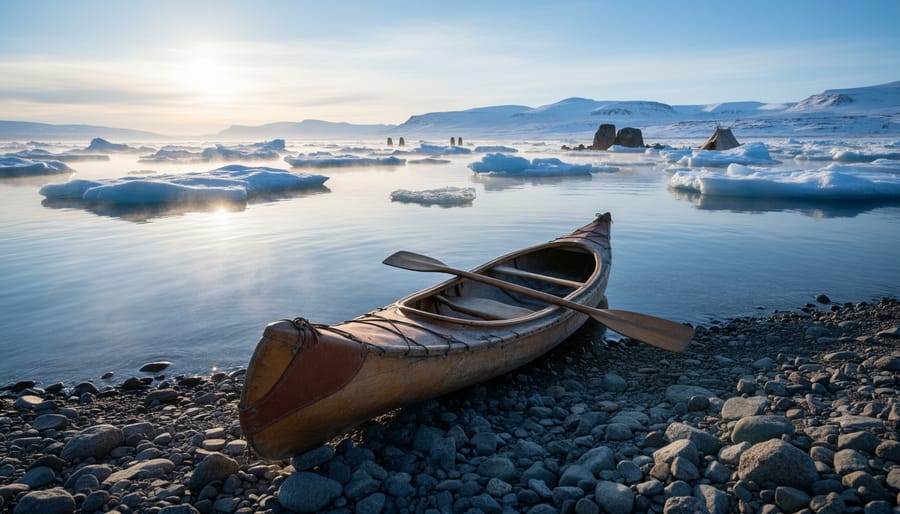 Person in winter clothing beside a traditional-style kayak near a rocky Arctic shore and drifting ice.