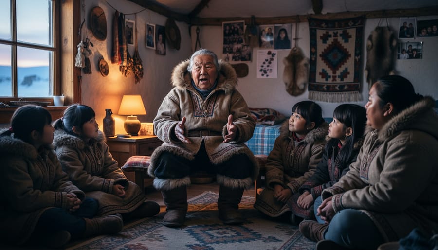 Elder Inuit storyteller and child sharing a calm moment indoors while traditional items and tools are visible in the background.