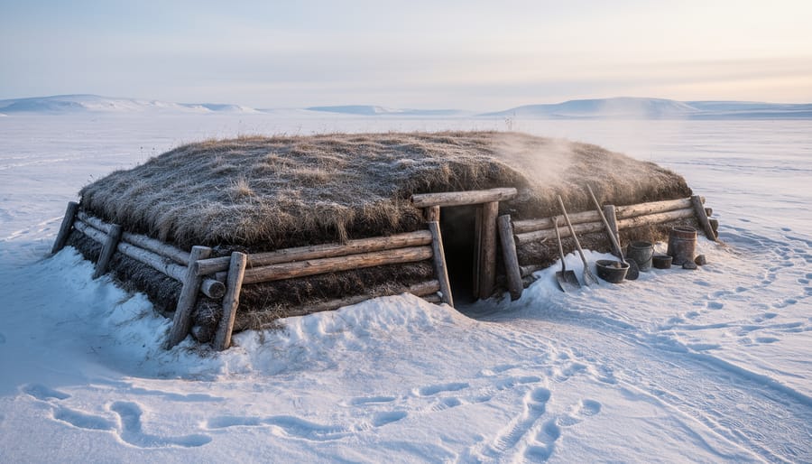Snowy sod-house shelter with warm light at the entrance and soft smoke rising outdoors in the Arctic.