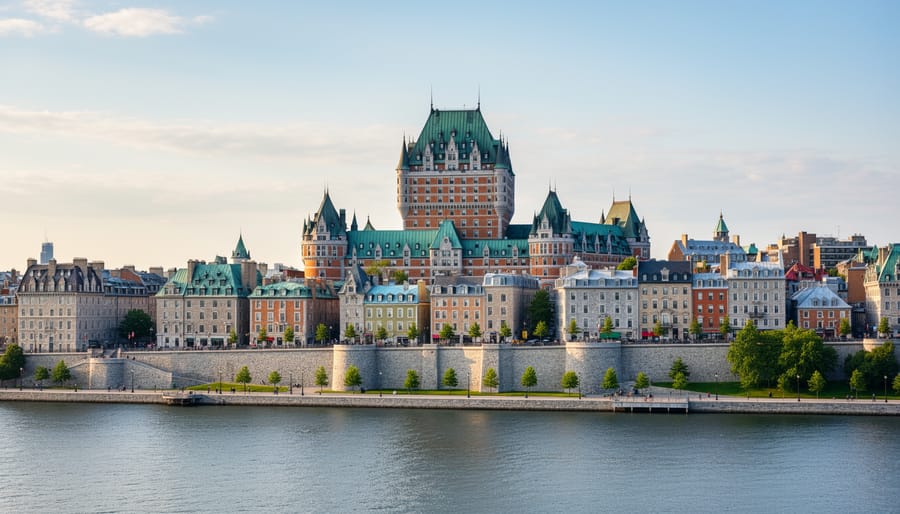 Château Frontenac overlooking Old Québec’s fortified rooftops at golden hour