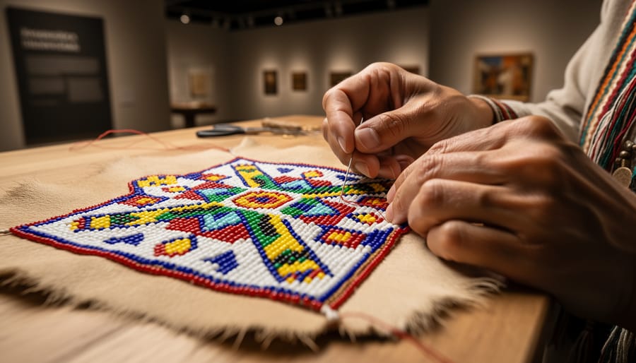 Close-up of Huron-Wendat-inspired beadwork craft on a table under soft daylight