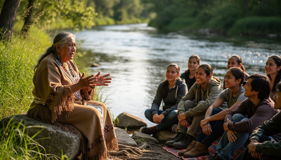 Indigenous storyteller speaking to an audience outdoors near a riverbank